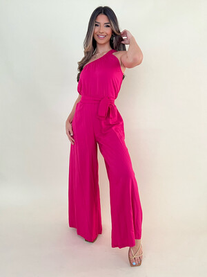 Fuchsia One Shoulder Casual Jumpsuit 