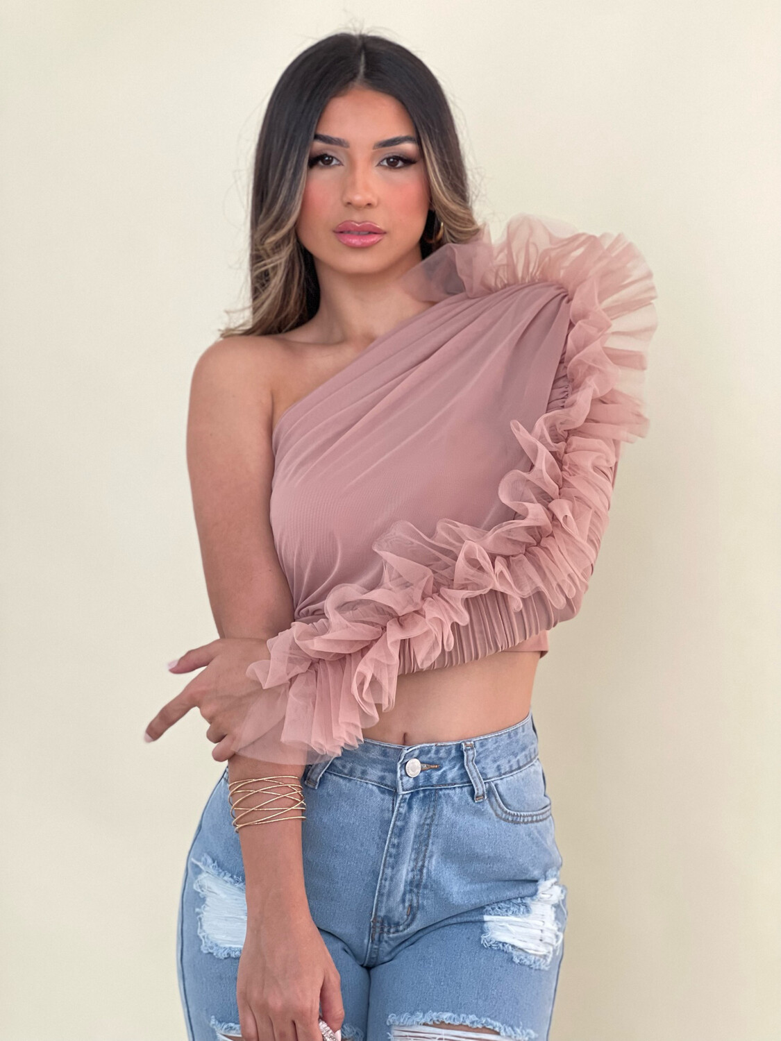 Nude Tulle One Shoulder Blouse