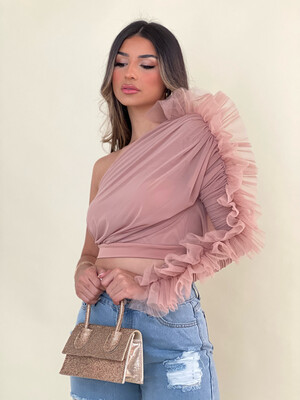 Nude Tulle One Shoulder Blouse