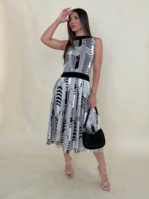 Geometric Black & White Midi Dress