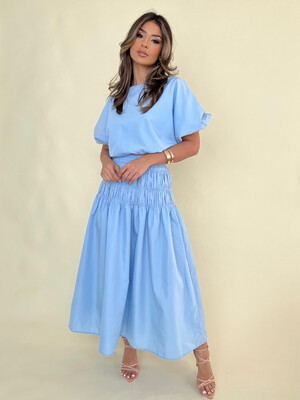 Sky Blue Blouse & Midi Skirt Set