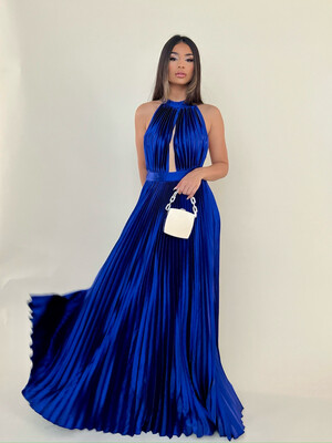Royal Blue Halter Pleated Maxi Dress