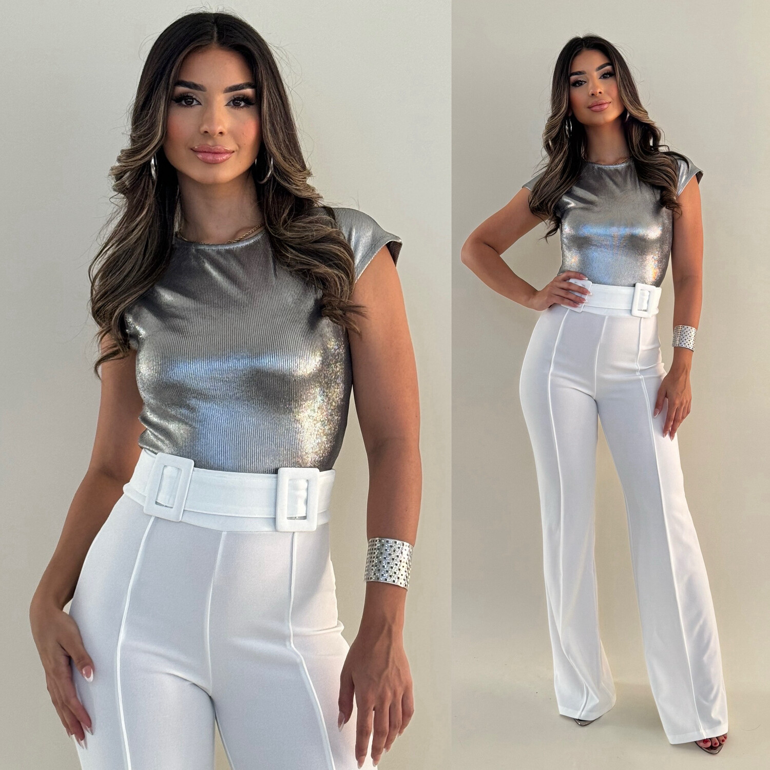 White High Waisted Belted Pants