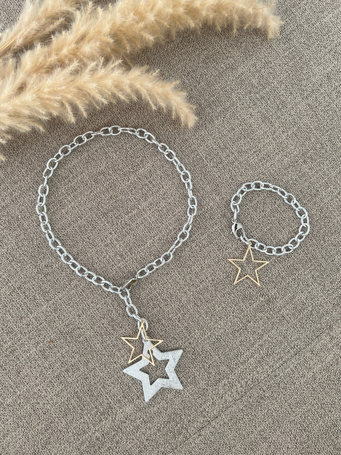 Silver Chain Stars Necklace & Bracelet Set
