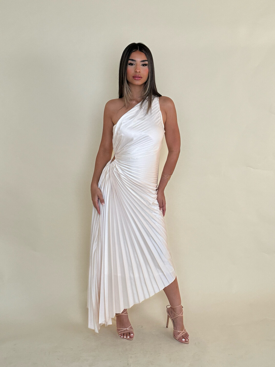 Ivory Asymmetric Pleated Dress, Size: Small