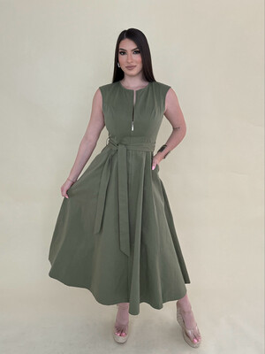 Olive Poplin Midi Dress