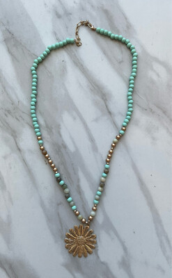 Aqua and Gold Flower Necklace