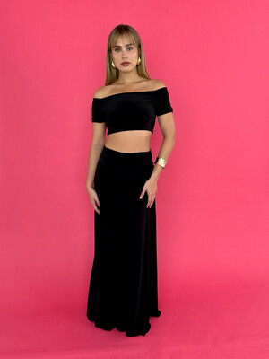 Black Crop Top & Maxi Skirt Set By Pía