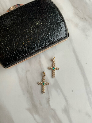 Gold Cross With Emerald Rhinestone Drop Earring