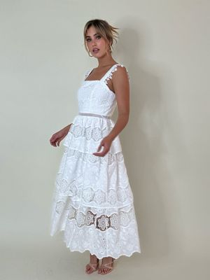 White Lace Ruffles Midi Dress