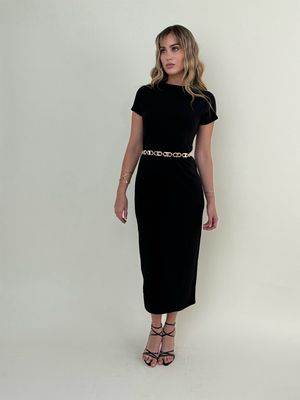 Black Midi Dress With Chain Belt