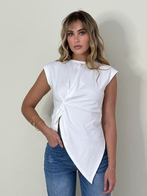White Knotted Asymmetric Blouse