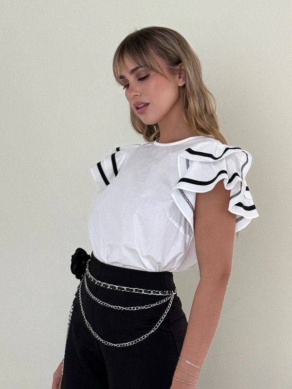 White Black Ruffles Blouse