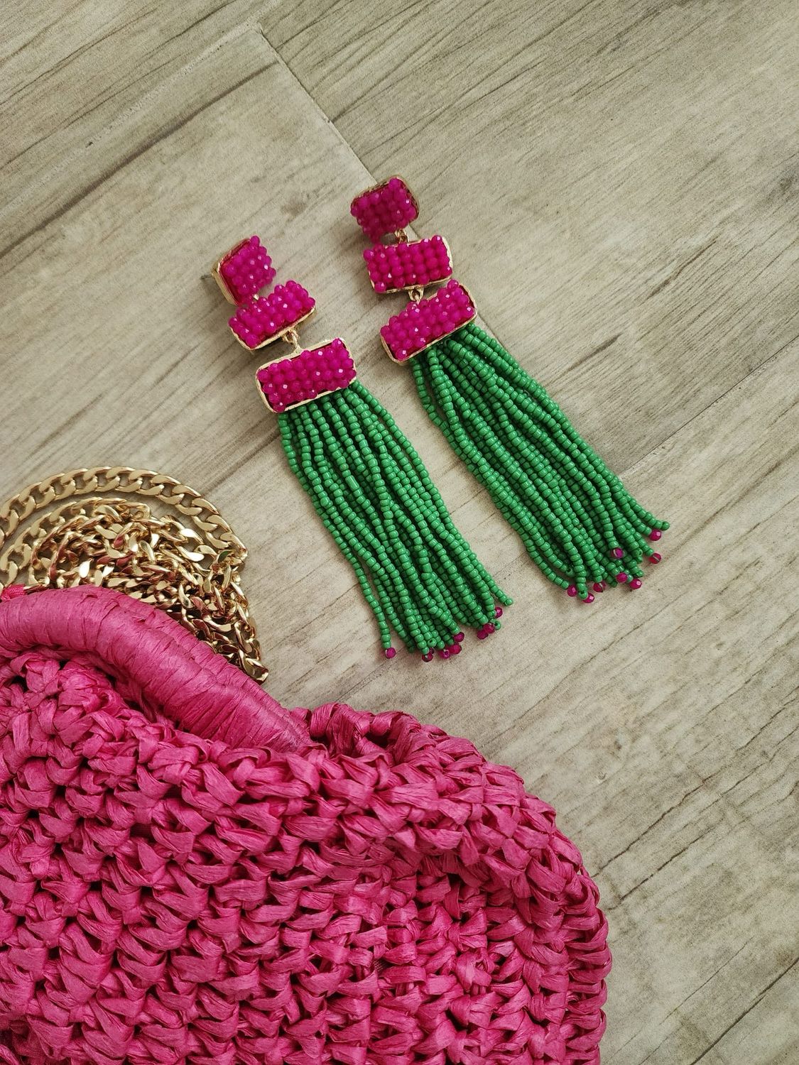 Fuchsia Green Bead Tassel Drop Earrings