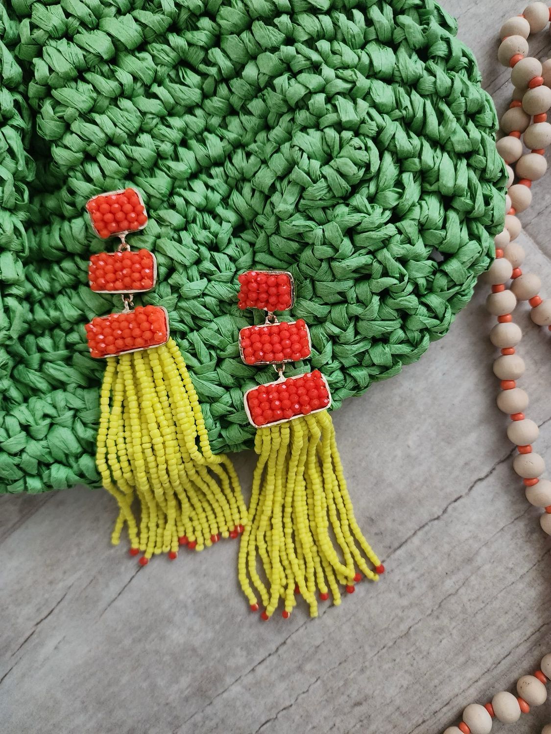 Orange Yellow Bead Tassel Drop Earrings