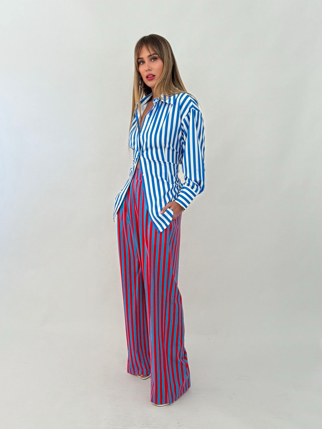 Red Blue Stripes Blouse & Pants Set