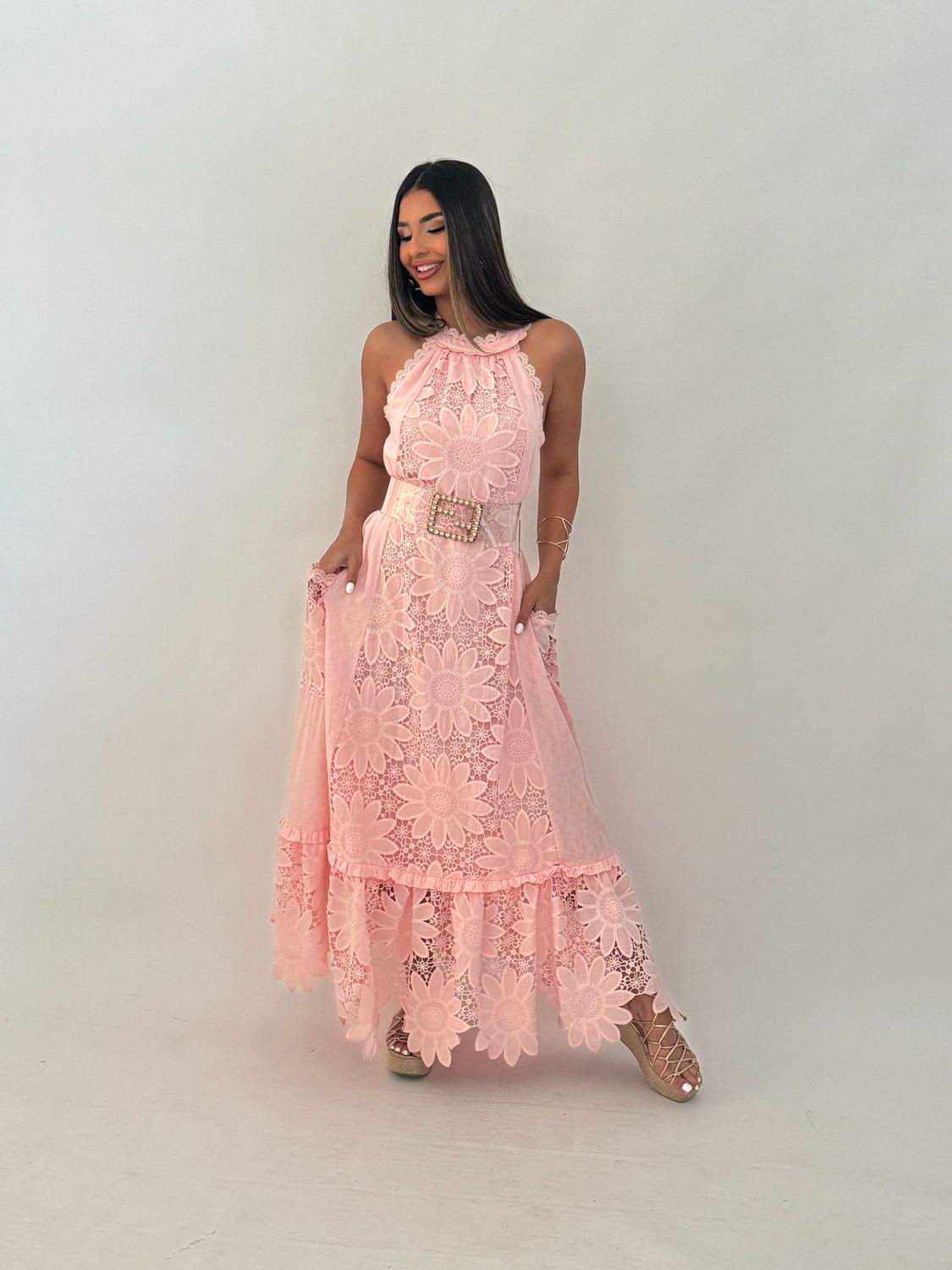 Pink Apricot Lace Maxi Dress