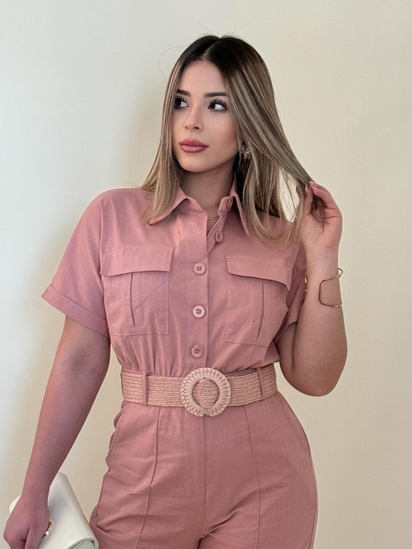 Blush Pink Jumpsuit With Raffia Belt