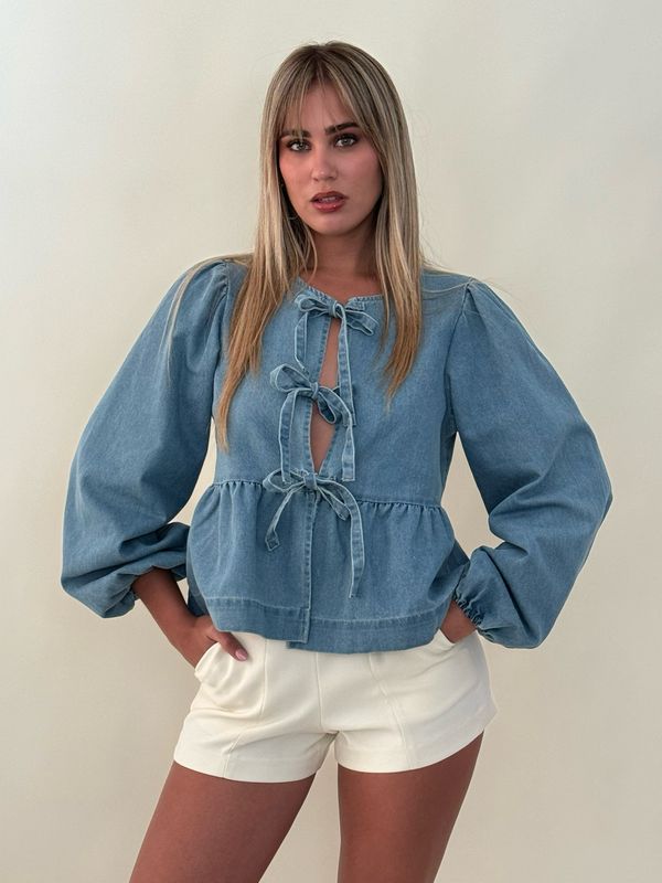 Denim Bow Long Sleeves Blouse