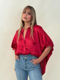 Burgundy V-neck Satin Blouse