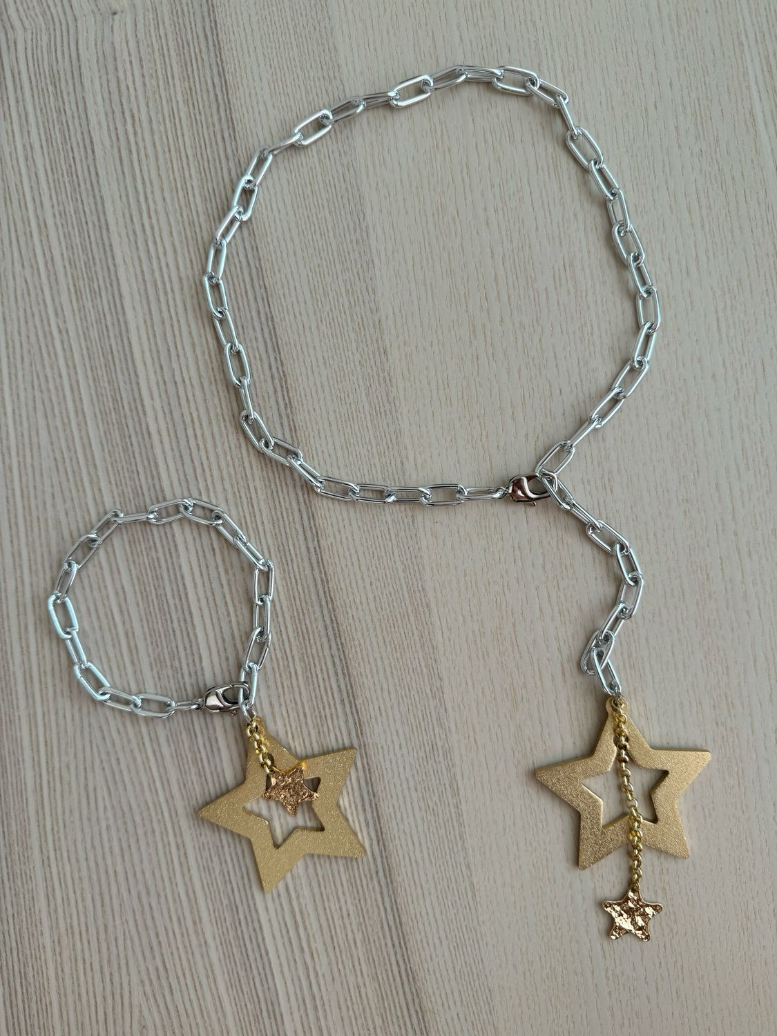 Silver Gold Stars Chain Necklace & Bracelet Set