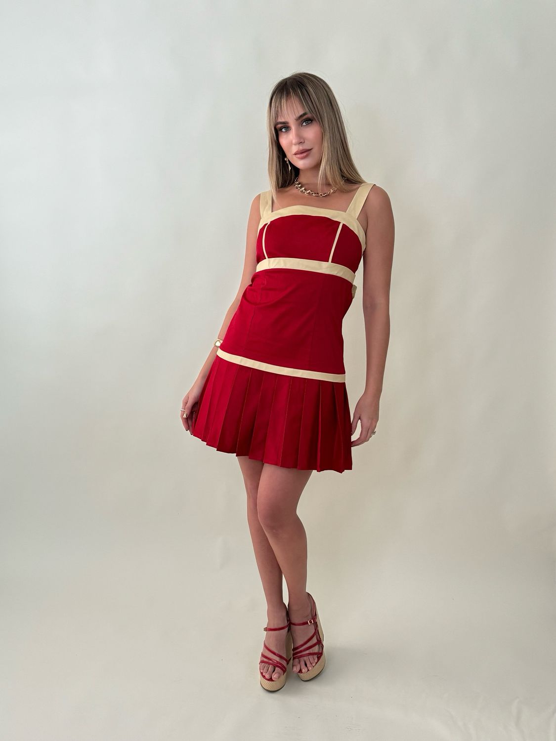 Beige & Red Pleated Dress