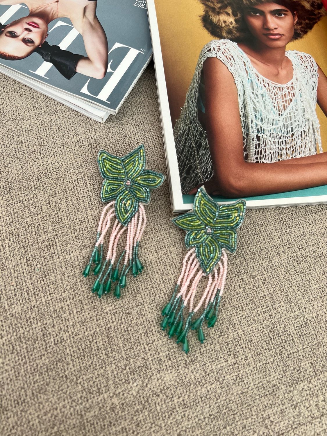 Pink Green Beaded Handcrafted Earrings