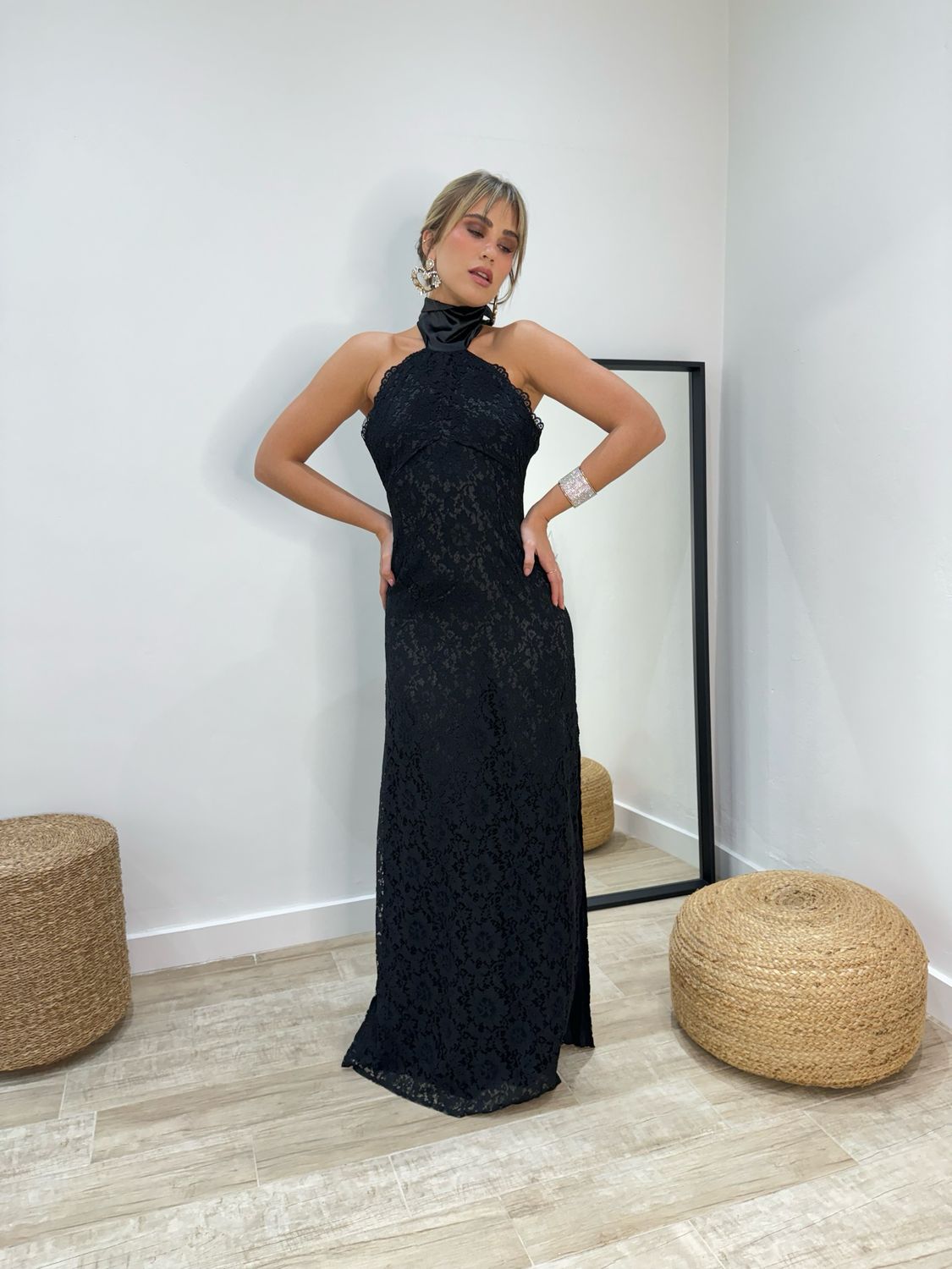 Black Lace Halter Maxi Dress