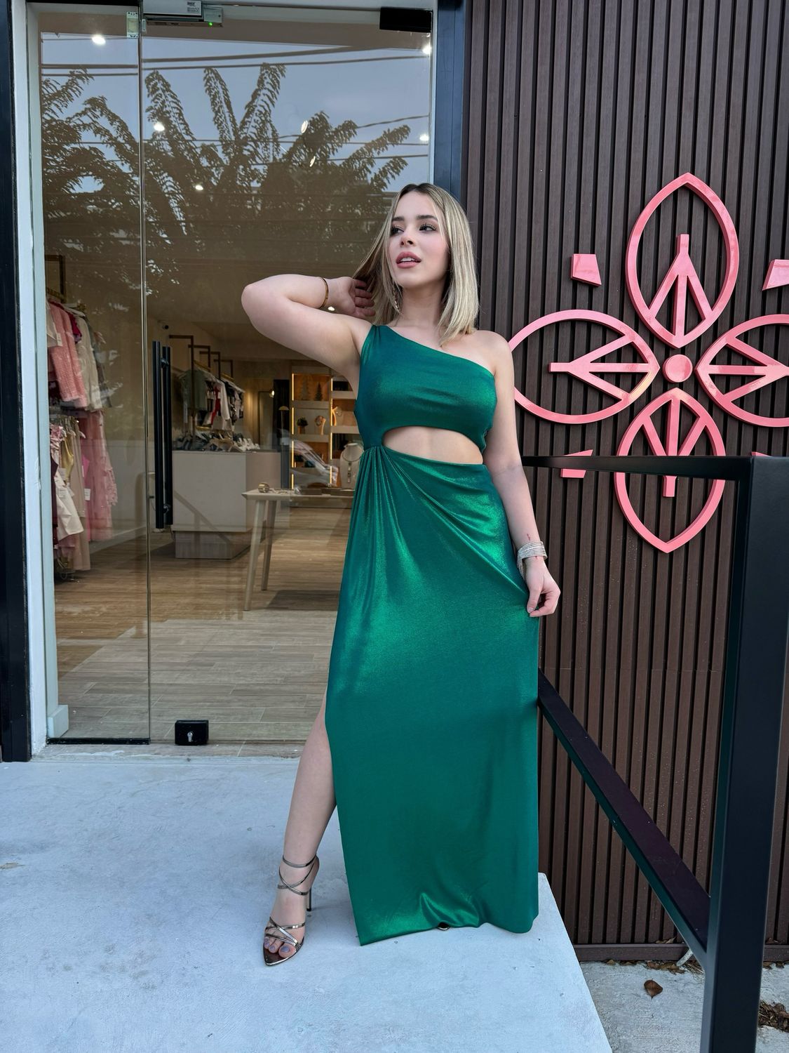 Metallic Green One Shoulder Maxi by Pía