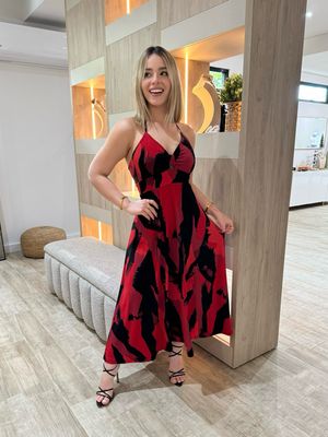 Abstract Red Halter Midi Dress By Pía