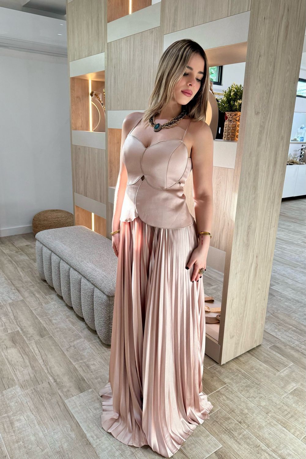 Sofía Champagne Pleated Gown Dress