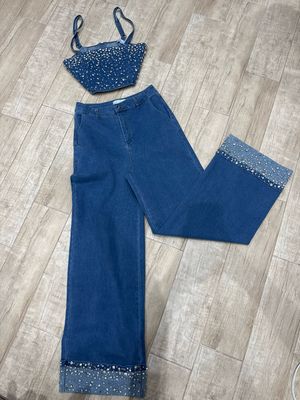 Rhinestones In Denim Top & Pant Set