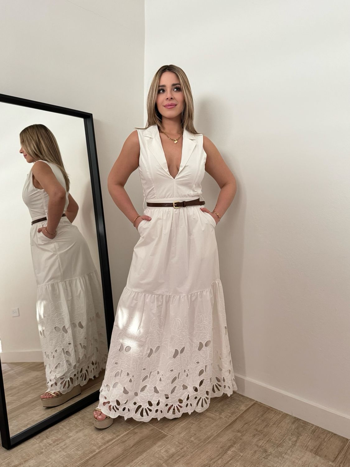 White Embroidery Maxi Dress With Belt