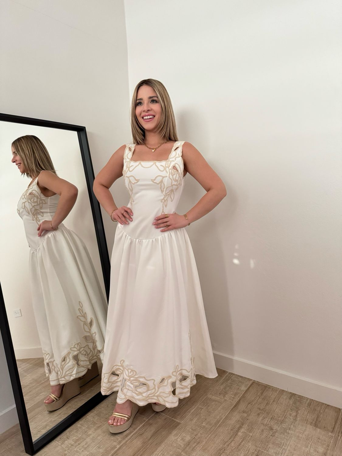 White Beige Embroidery Dress