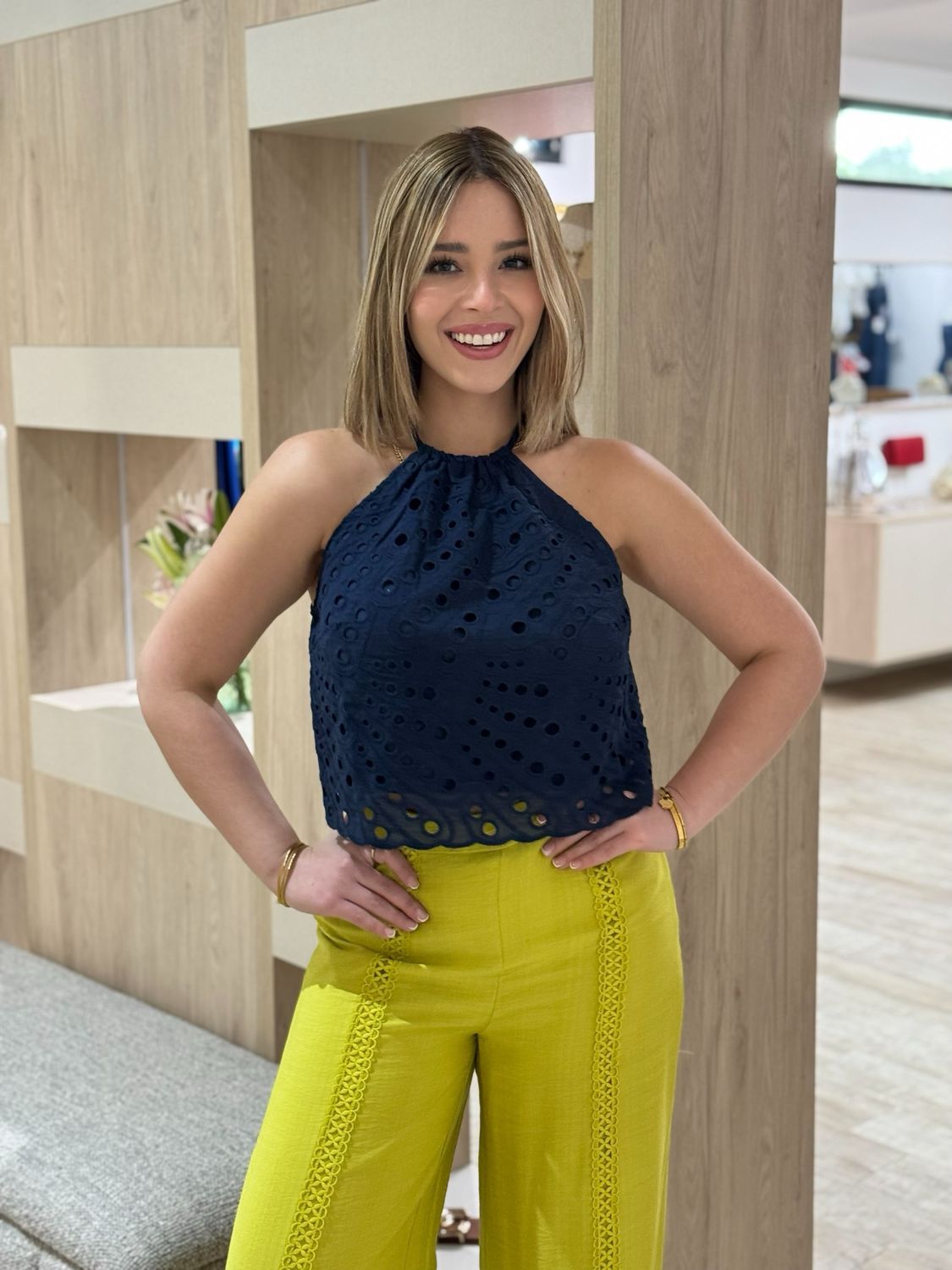 Navy Eyelet Delicate Top