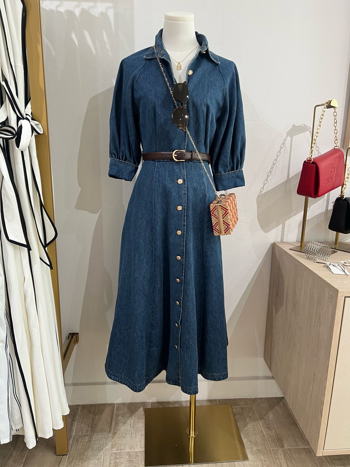Vintage Denim Midi Dress With Belt