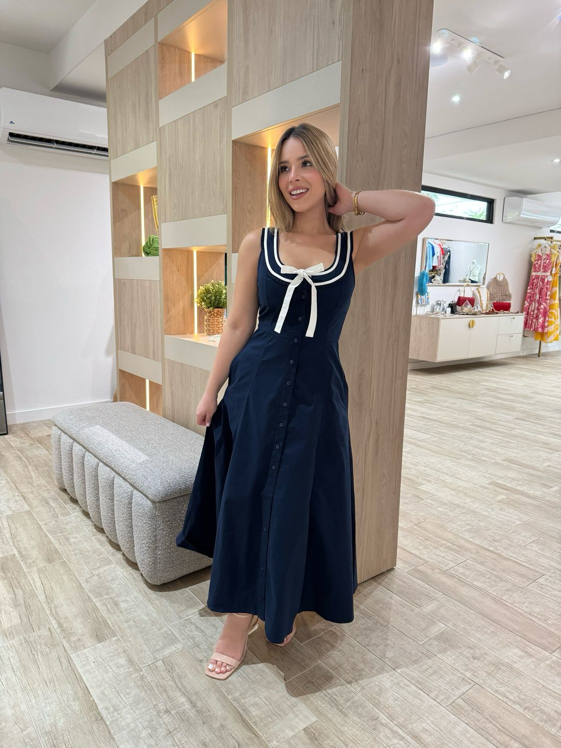 Navy White Midi Dress
