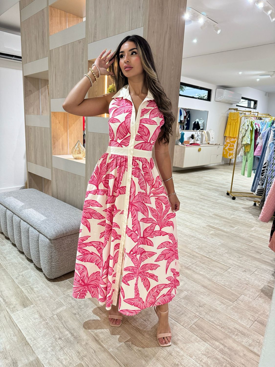 Ivory Pink Palms Midi Dress