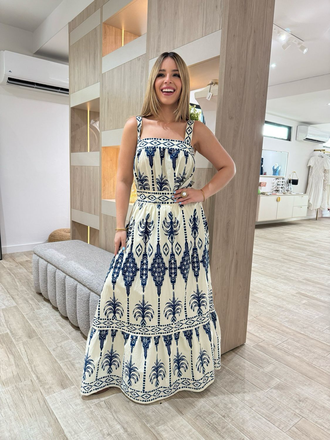 Greece Ivory Blue Top & Maxi Skirt Set