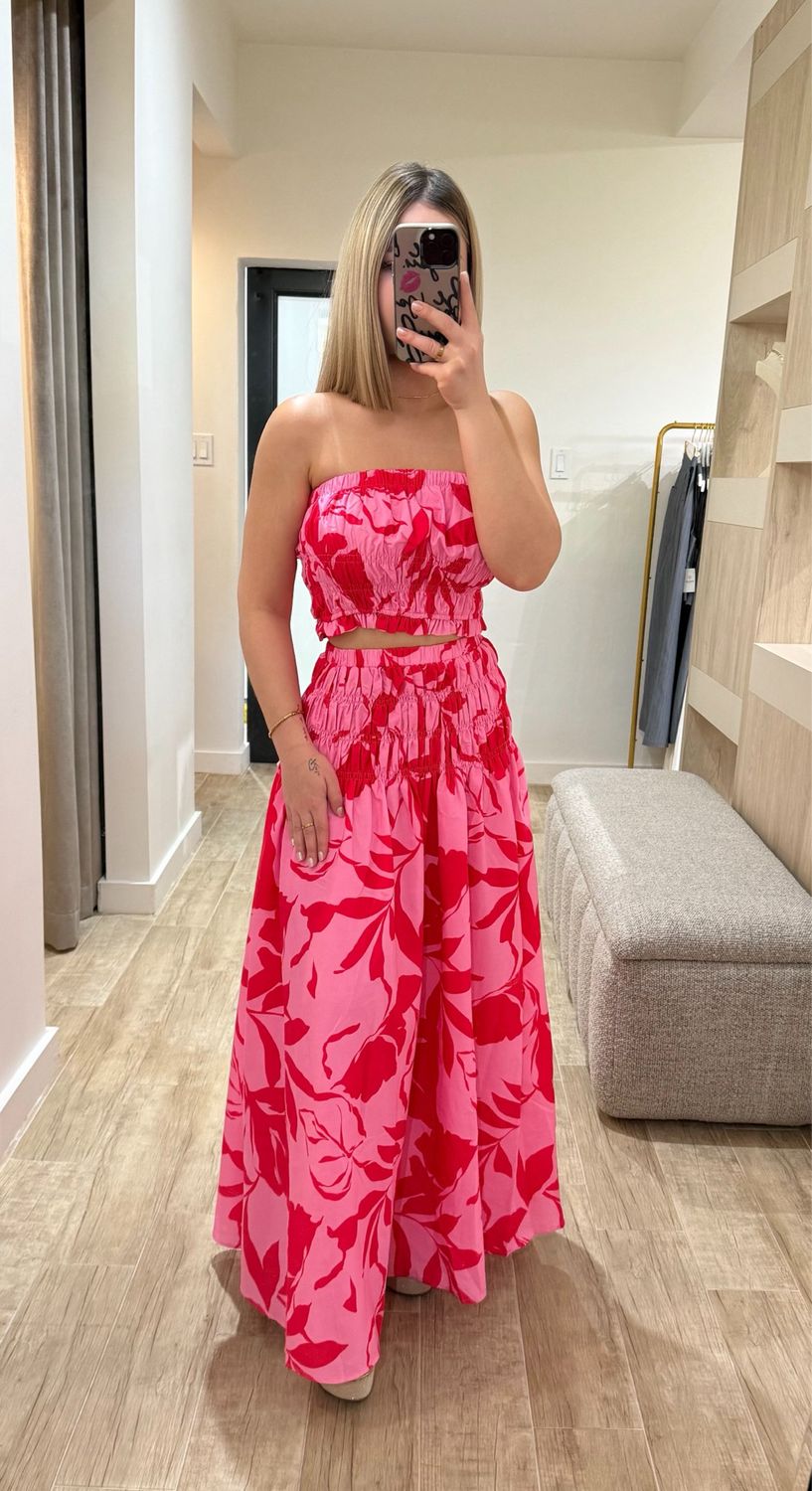 Pink & Red Strapless Top & Maxi Skirt