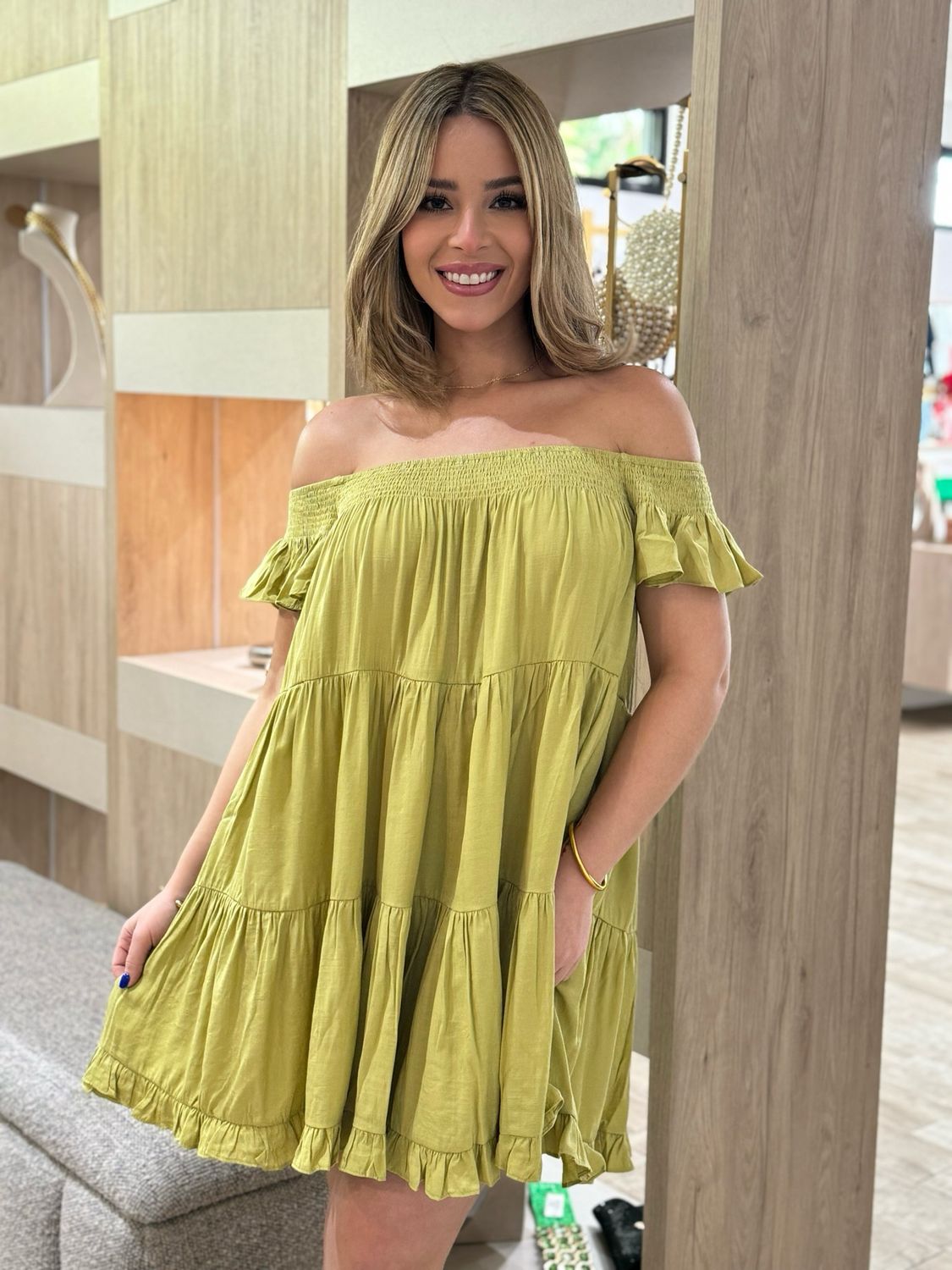 Olive Green Off-Shoulder Tiered Dress