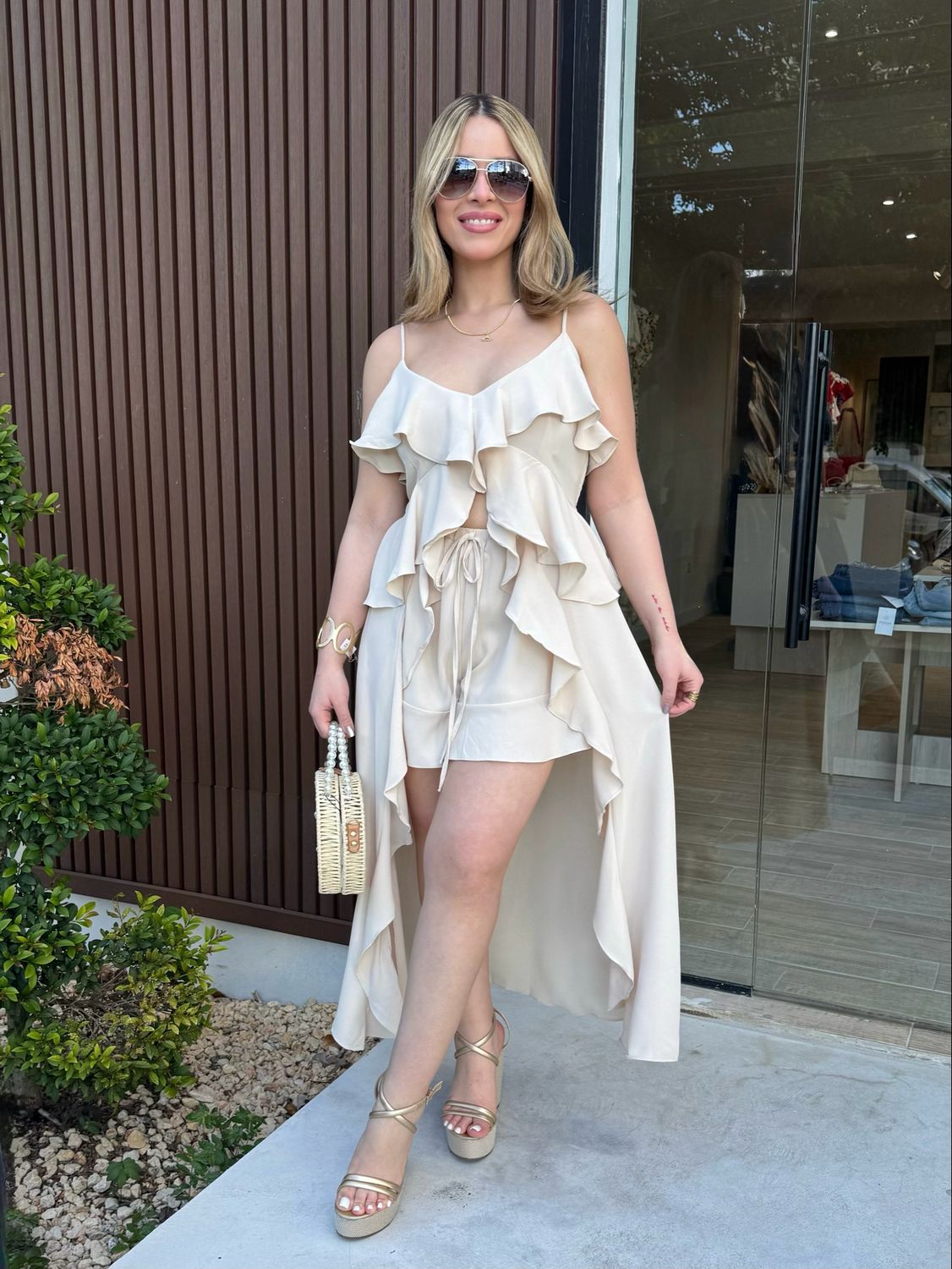Ivory Ruffles Blouse & Short Set