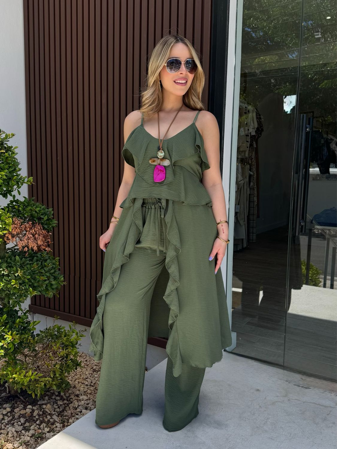 Olive Ruffles Blouse & Pant Set