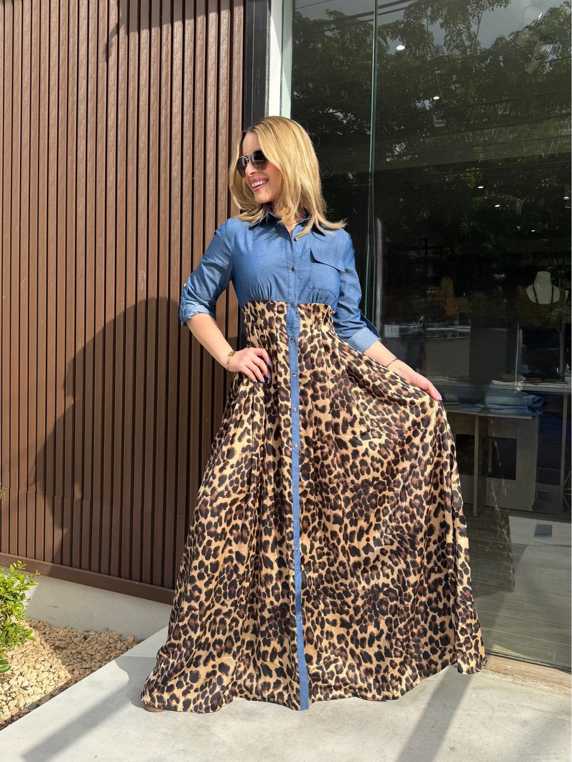 Denim & Animal Print Maxi Dress