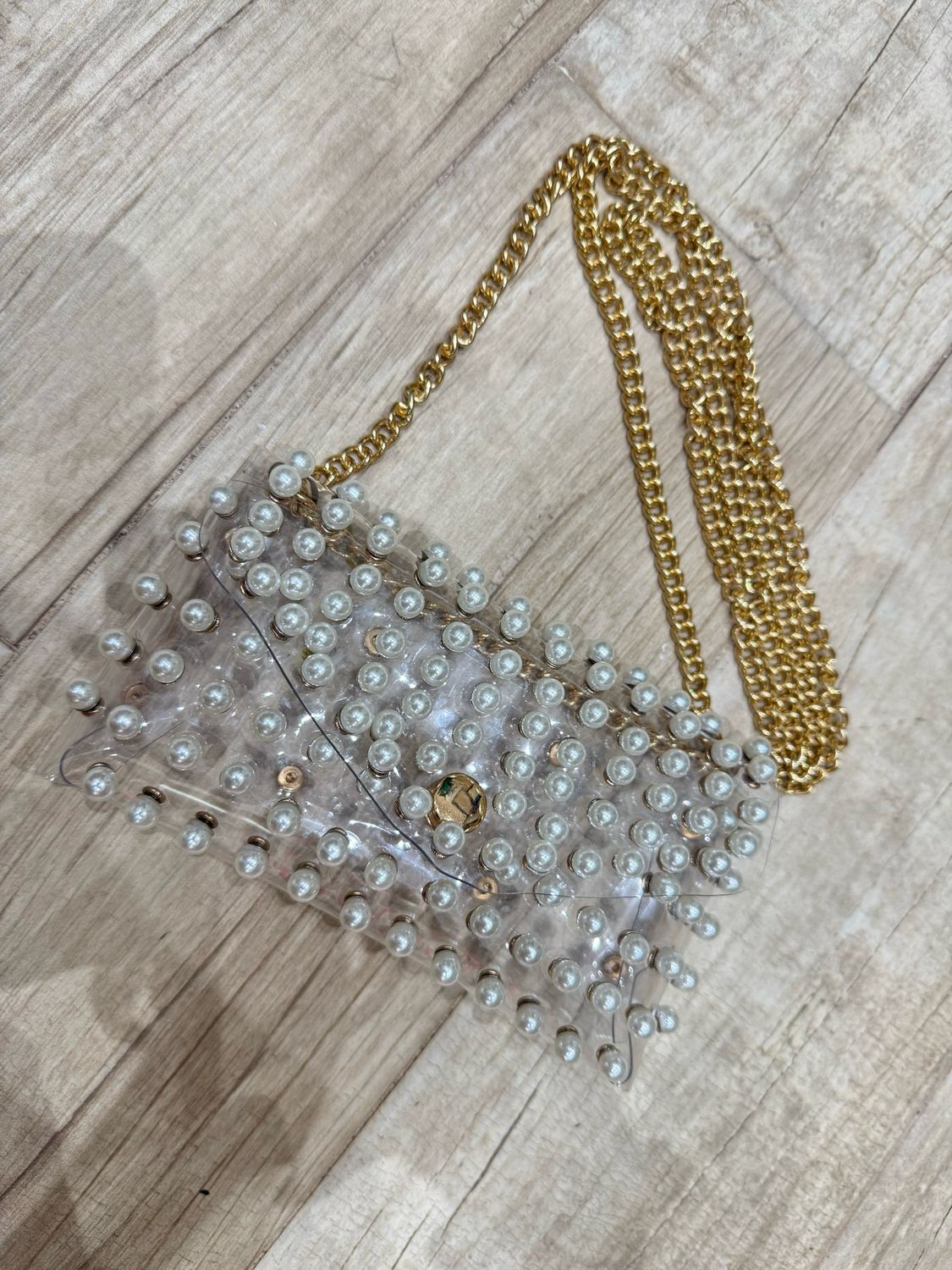 Clear Gold & Pearls Chain Bag