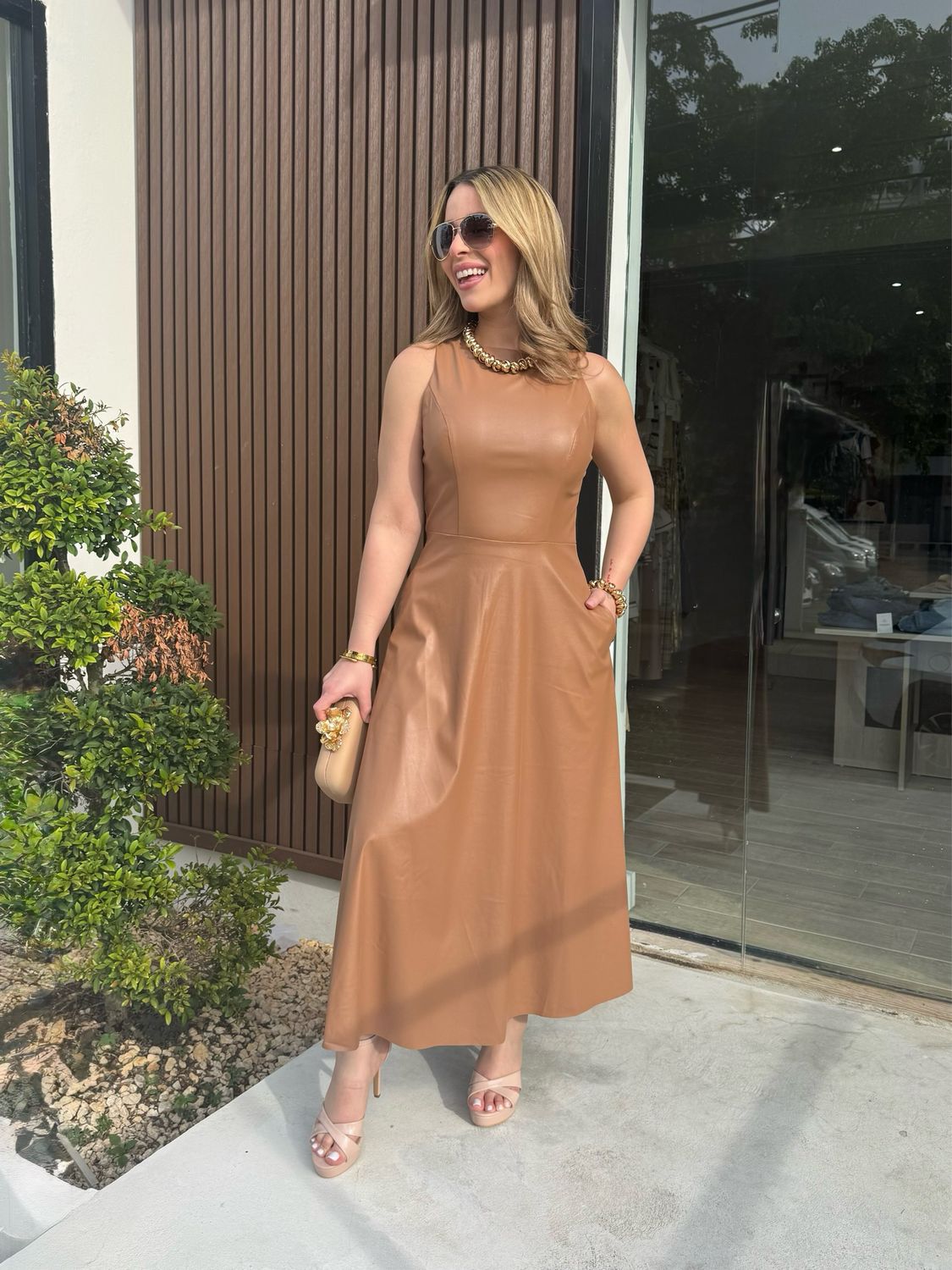 Camel Faux Leather Midi Dress