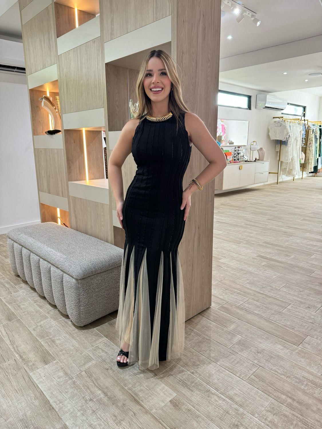 Black Nude Contrast Maxi Dress