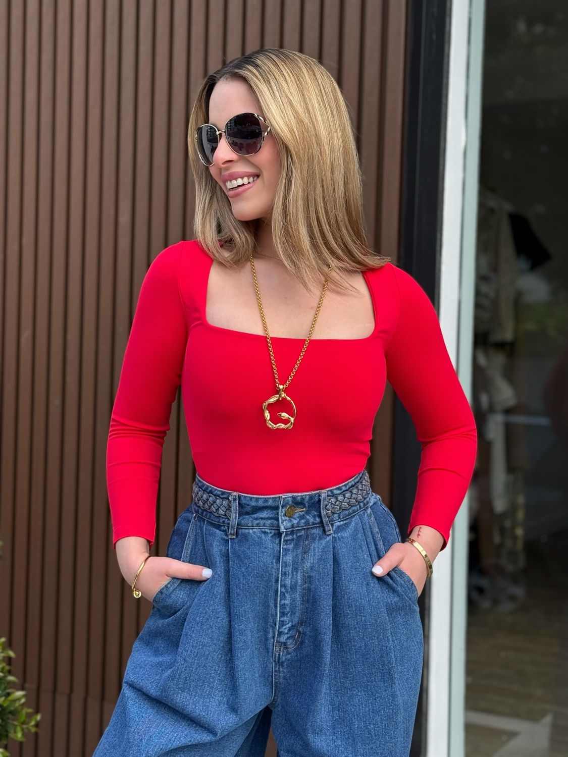 Red Long Sleeves Basic Top (One Size)