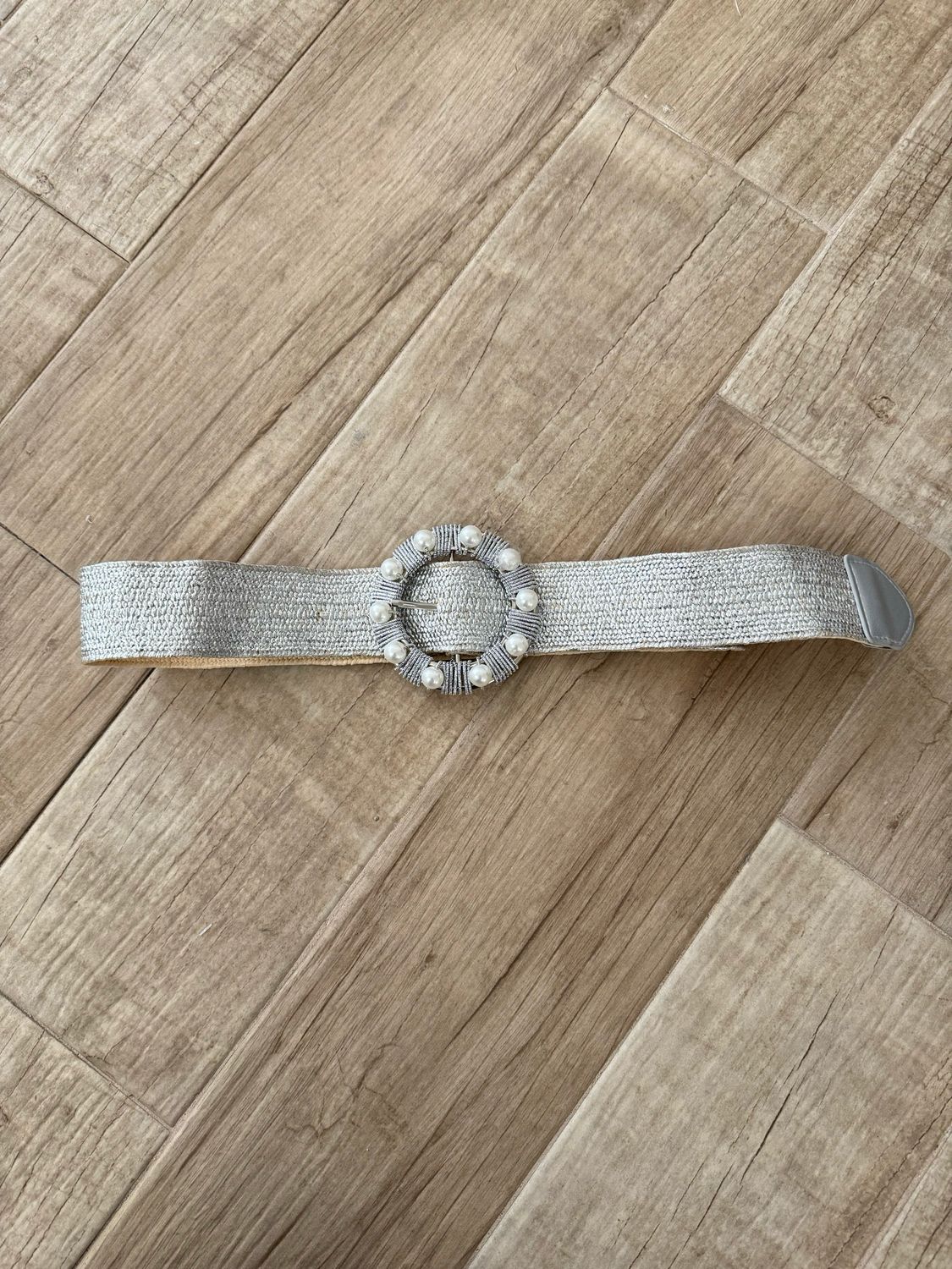 Silver Raffia & Pearls Spandex Belt