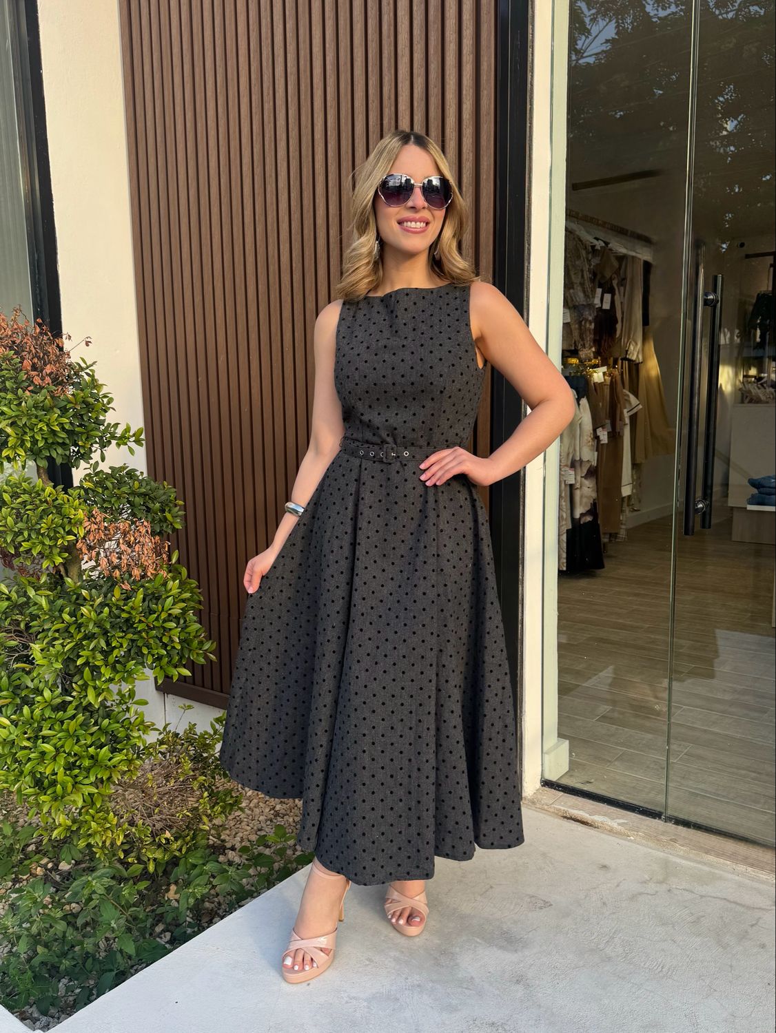 Charcoal Grey Polka Dots Midi Dress